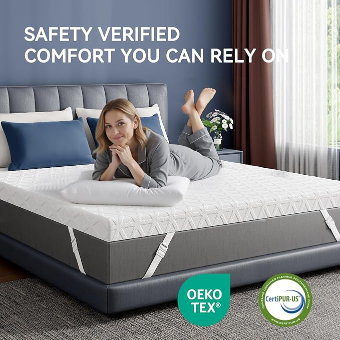 ELEMUSE 2 Inch Gel Memory Foam Mattress Topper Full - Cooling Ice Silk Removable & Washable Cover, Mattress Topepr for Back Pain Relief, Adjustable Strap & Non-Slip, CertiPUR-US Certified