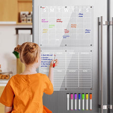 Acrylic Magnetic Dry Erase Board Calendar for Fridge, Clear Monthly and Weekly Planner Whiteboard for Refrigerator, w/ 8 Colors Markers, 15