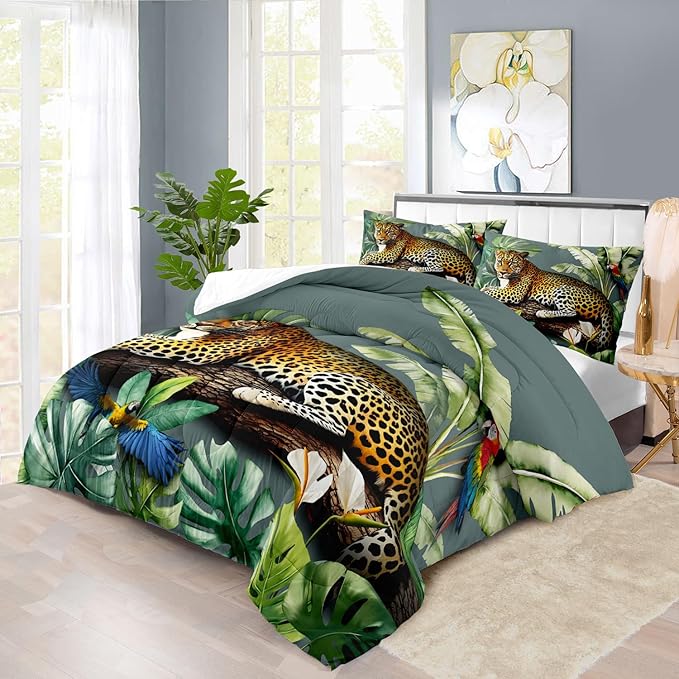 Animal Leopard Print Comforter Set Queen Animal Cheetah Print Comforter Set Boys Girls Floral Leopard Bedding Bedroom Decor Floral Cheetah Bedding Queen Jungle Plant Room Decor