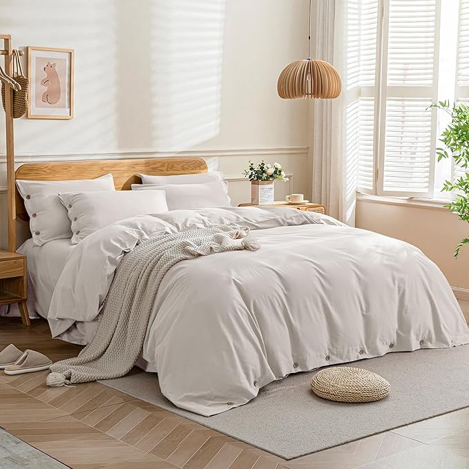 JELLYMONI Cotton Duvet Cover Full Size - Beige Comforter Cover with Button 100% Washed Cotton 3PCS Breathable Soft Solid Bedding Set Duvet Cover 80×90in & 2 Pillowcases (NO Comforter)