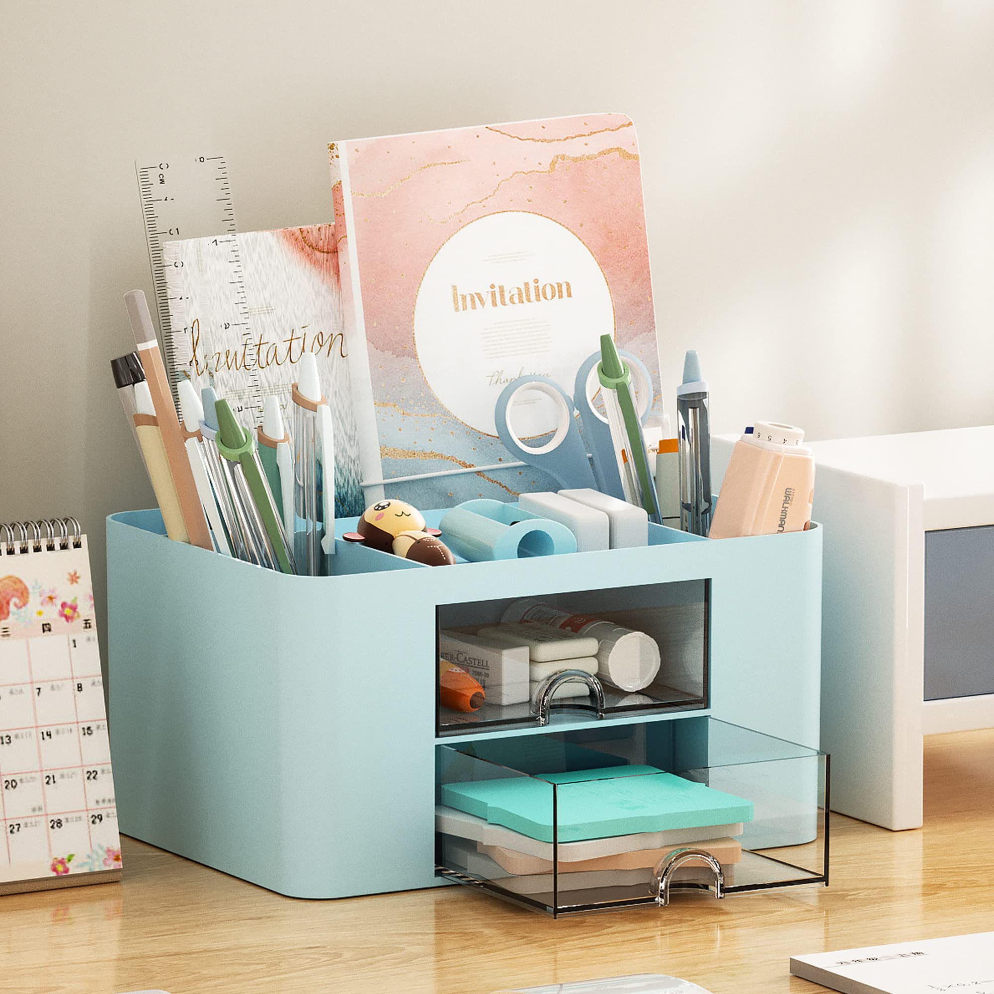 Marbrasse Pen Organizer with 2 Drawer, Multi-Functional Pencil Holder for Desk, Desk Organizers and Accessories with 5 Compartments + Drawer for Office Art Supplies (Blue) Dormly