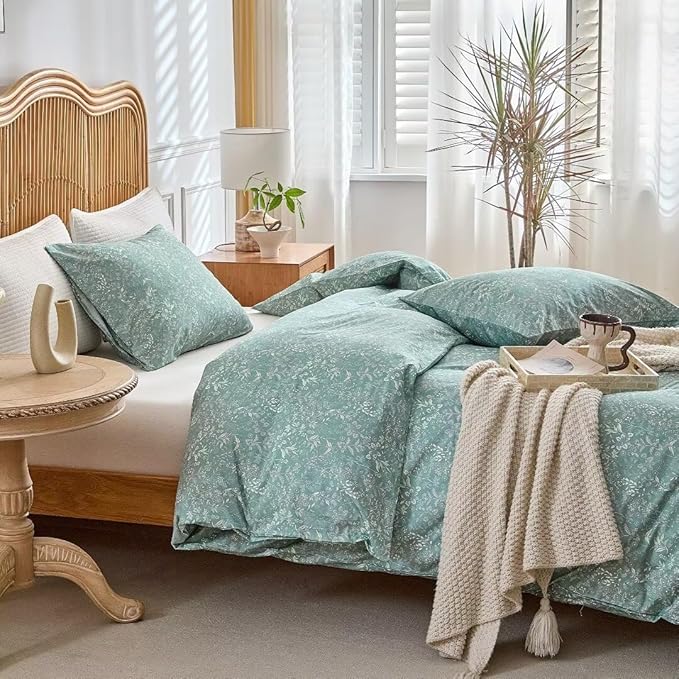 MKXI Vintage Style Comforter Set King Size Wildflower Comforter Set Floral Bedding Set Green Floral Duvet Comforter Microfiber Bed Set Soft Reversible Design Farmhouse Comforter