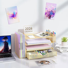 gianotter Desk Organizers and Accessories with File Holder, 4-Tier Desk Accessories & Workspace Organizers with Drawer and 2 Pen Holder, Paper Organizer for Office Supplies(Gold)