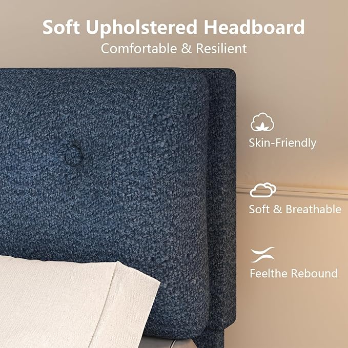 Queen Bed Frame with Headboard, Cloud Boucle Upholstered Bed Frame, Modern Soft Style, Adjustable Headboard, No Box Spring Needed, Easy Assembly, Blue