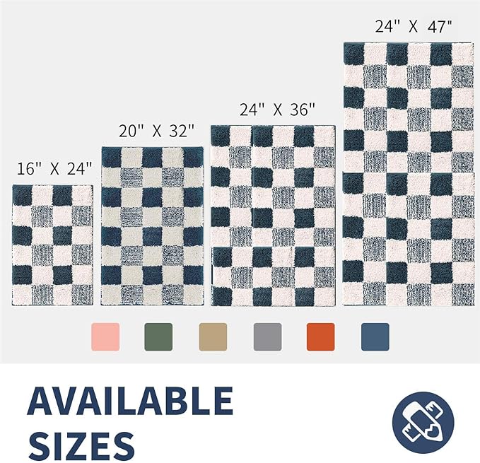 CozeCube Bath mats for Bathroom Non Slip, Fluffy Absorbent Microfiber Bath mat Washable, Aesthetic Bathroom Rugs, Large Navy Blue Checkered Bath mat, Navy Blue, 36" x 24"