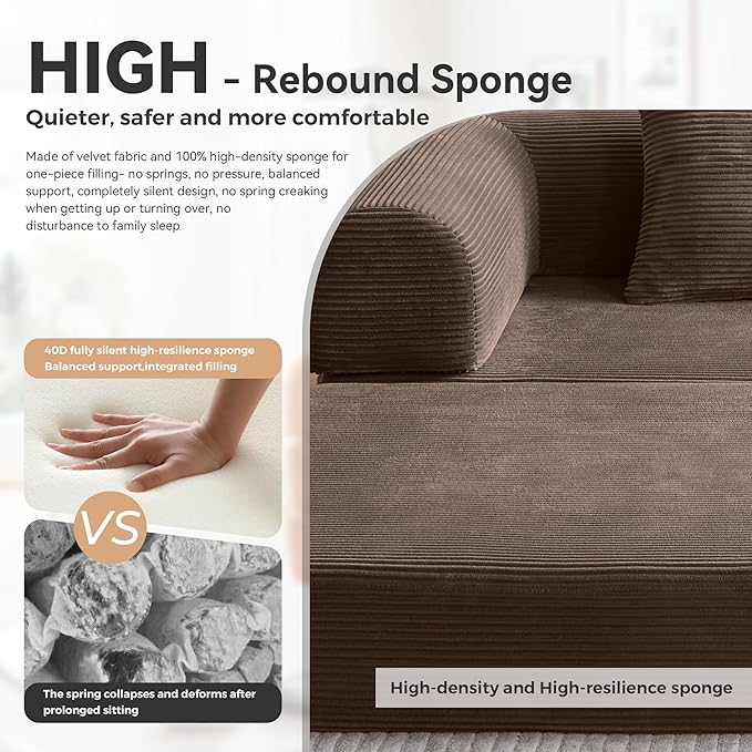 Upgrade High Backrest Design Sofa Bed with Fixed-Shape Frame & Removable Armrests and Backrest, Corduroy Fabric, Convertible Mattress Couch for Small Spaces - No Assembly Neede (High Backrest Brown)