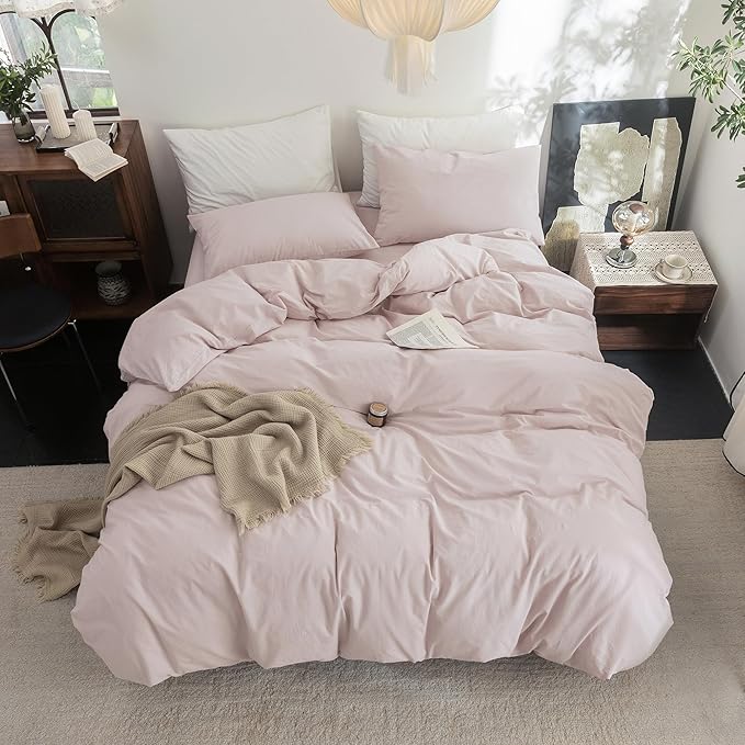 FOSSA Duvet Cover Set 100% Washed Cotton Linen Feel Super Soft Breathable Cozy 3 Pieces Bedding Sets Solid Greyish Pink Full/Double