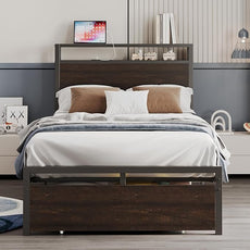 LIKIMIO Twin Bed Frames with Drawer, Storage Headboard with Outlets, No Box Spring Needed, Easy Assembly, Dark Brown