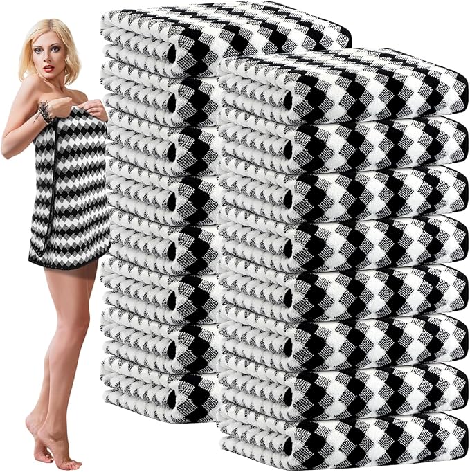 16 Pack Microfiber Bath Towels Bulk 27'' x 60'' Oversized Size Bath Towel Highly Absorbent Extra Large Soft Drying for Shower Beach Winter Salon Sport Gym Party (Grid,Black)