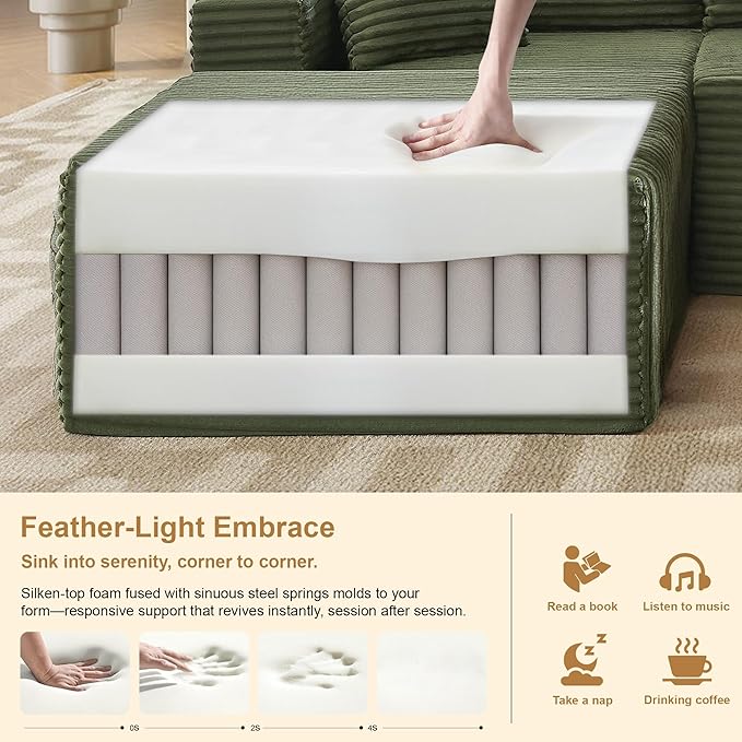 105''Sectional Cloud Couch with L Shaped Chaise,Modern Modular Sectional Sofa,Comfy Sectional Couches for Living Room,Bedroom,Apartment (Green, 105''W Left Facing Chaise)