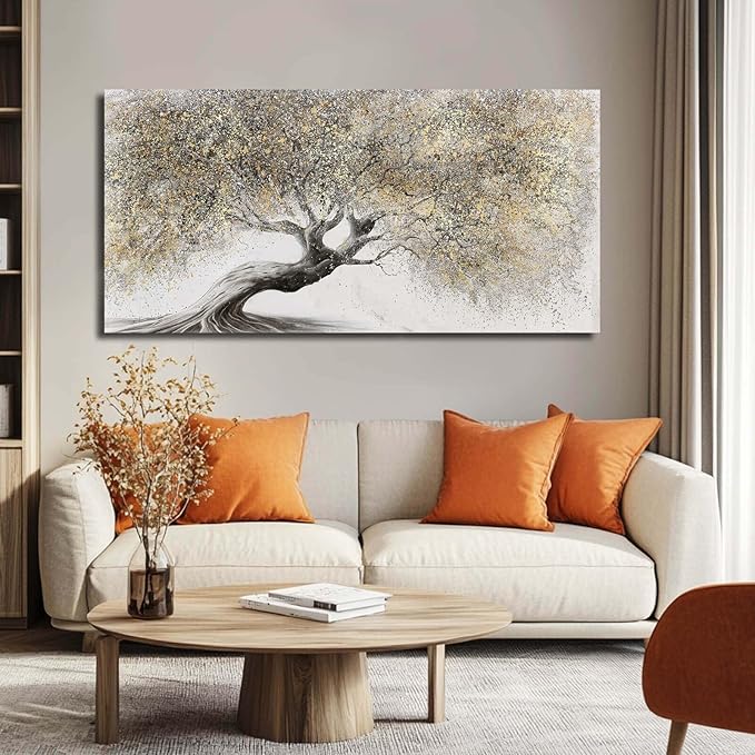 Gold Wall Art Canvas Wall Pictures Large Artwork Landscape Painting Photo Prints Wall Decorations Tree Wall Decor for Living Room Dining Room 29"x58"