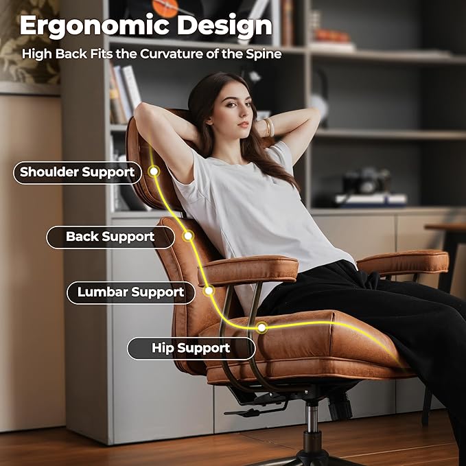 ovios Ergonomic Office Chair, High Back Faux Leather Executive Chairs with Thick Cushion, Comfy High-Century Modern Swivel Rolling Computer Armchair (Brown, Suede Leather)