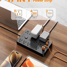Surge Protector Power Strip - 11 Outlets(1850W/15A) with 6 USB Ports(2 USB C), 6FT Flat Plug Extension Cord, Wall Mount, Black, ETL Listed for Home, Dorm Room