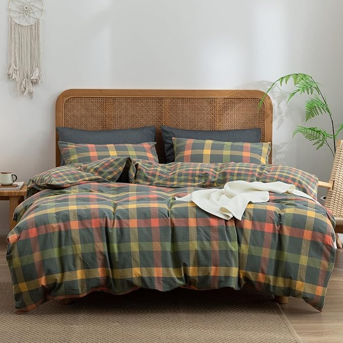 VM VOUGEMARKET Teen Boys Duvet Cover Set Twin Orange Grey Green Gingham Duvet Cover with Zipper Closure Soft Washed Cotton Modern Cozy Bedding Set- 68x86 Inch
