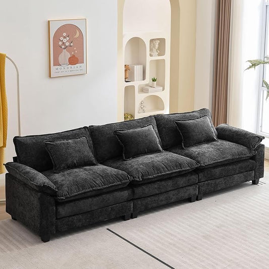 120" Modular Sectional Sofa, Comfy Cloud Couch Sectional Sofa, Chenille Sofa Sleeper Deep Seat Sofa with Throw Pillows for Living Room (Black, 120"- 3 Seater)