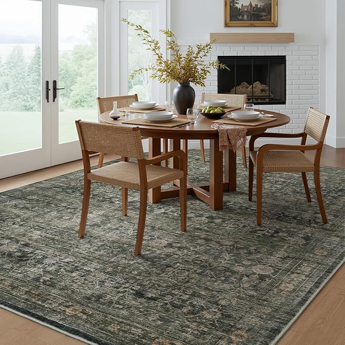 MontVoo-Vintage Area Rug 9X12 Green Rugs for Living Room-Soft Distressed Printed Rugs for Bedroom-Non Slip Carpet-Machine Washable Rug for Dining Room Living Room Bedside Office