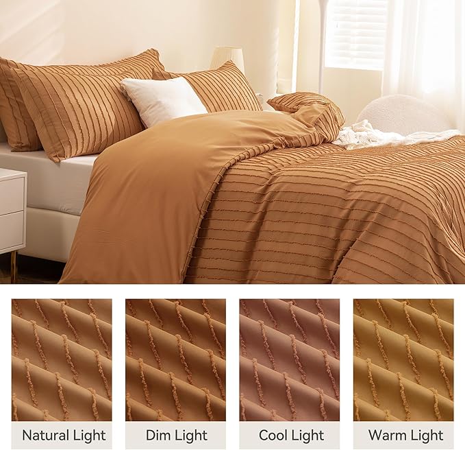 JELLYMONI Duvet Cover Queen Size Rust - 3PCS Boho Striped Duvet Cover Set Polyester Tufted Bohemian Textured Comforter Cover 90×90in with Corner Ties & Zipper and 2 Pillowcases