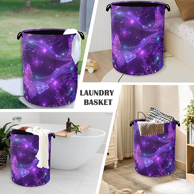 Purple Butterfly Laundry Hamper,Sparkling Dirty Clothes Laundry Basket with Handles Waterproof Oxford Cloth Storage Basket for College Dorms Bathroom Bedroom 16" x 20.8"