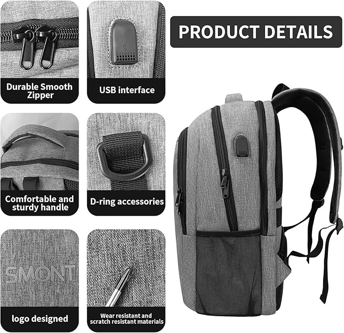 17 Inch Large Business Computer Backpack for Men Work, Mens Tech Laptop Bookbag for Commuter Office Adult Lightgrey