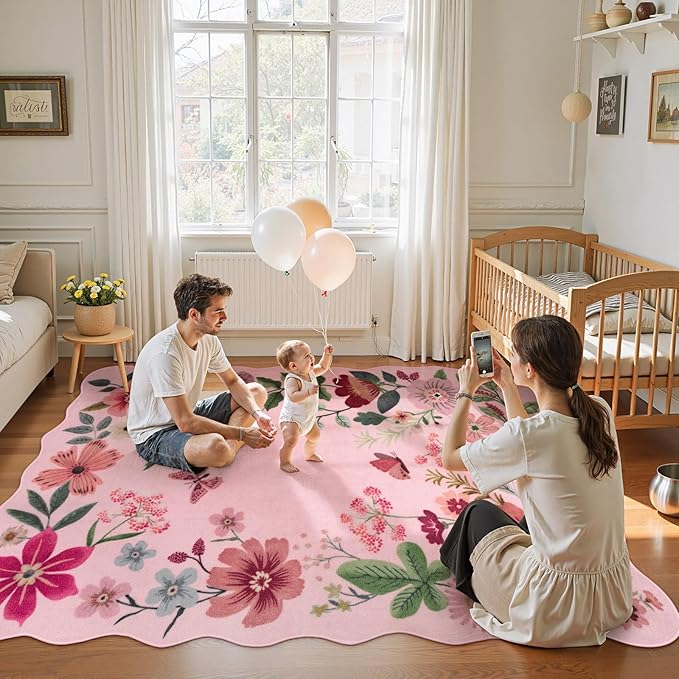 Lahome Floral Living Room Rugs, Pink Area Rugs 5x7 Rug for Bedroom Ultra-Thin Soft Rug, Non-Slip Washable Rugs Stain Resistant Throw Boho Rug for ‎‎Nursery Playroom Classroom (5x7ft, Pink)