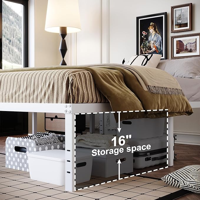 18 Inch Queen Bed Frame Heavy Duty Metal Platform No Box Spring Needed, Maximum Storage, Easy Assembly, Noise Free, White