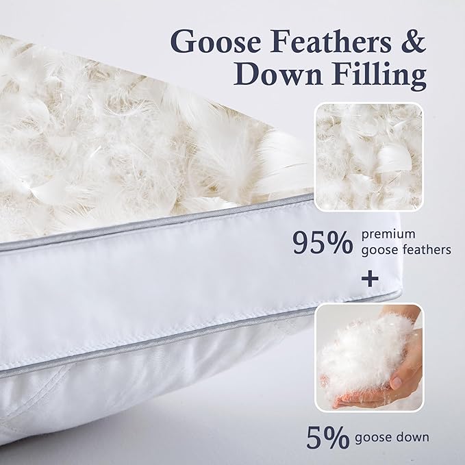 puredown® Made in USA Goose Feather Down Gusseted Pillows, 100% Cotton Cover, Pillows Standard Size Set of 2, Luxury Hotel Gusseted Bed Pillows for Sleeping