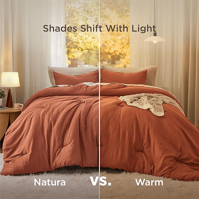 Bedsure Queen Size Comforter Set, Burnt Orange Soft Prewashed Bedding for All Seasons, 3 Pieces GentleSoft™ Down Alternative Bed Set, 1 Lightweight Comforter (90"x90") and 2 Pillowcases (20"x26")