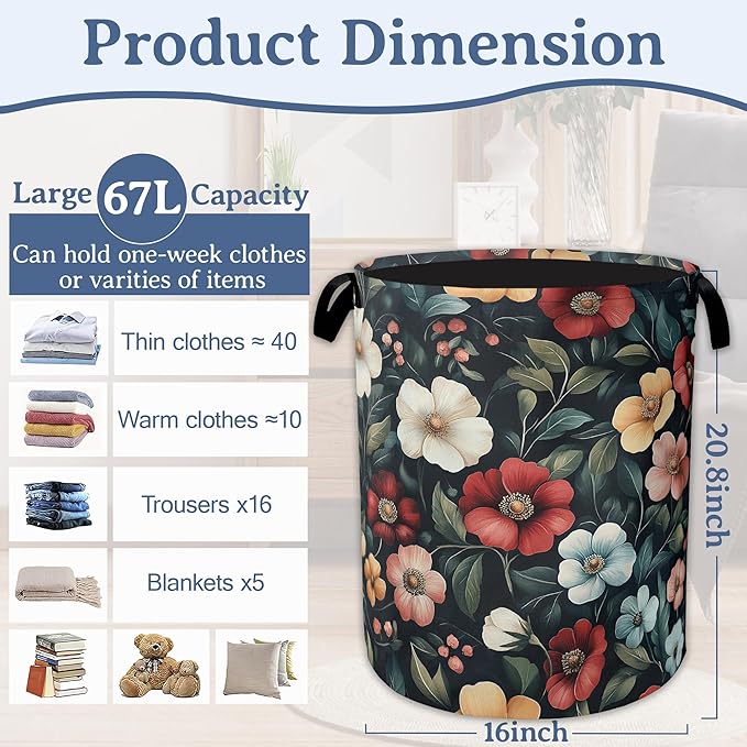 Floral Boho Laundry Basket,Foldable Oxford Cloth Pink Flower Vintage Laundry Hamper with Handles, 20.8"x16" Tote Bag Clothes Storage Bucket for Laundry Room/Bathroom/Bedroom/Dormitories