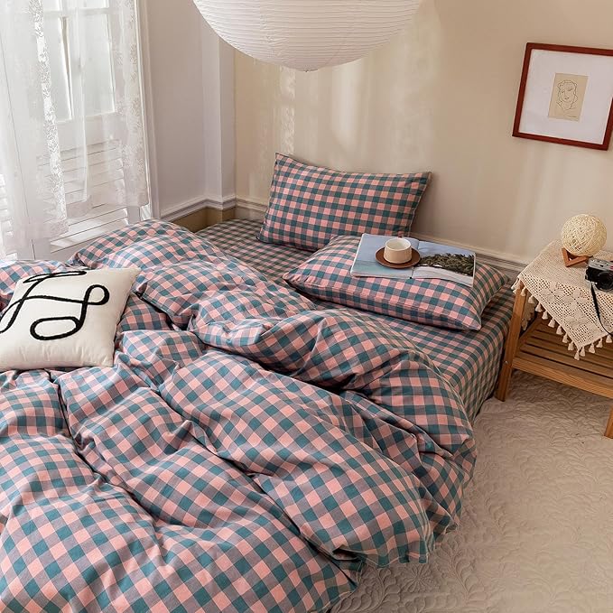 VM VOUGEMARKET 3 Pieces Gingham Duvet Cover Set King Washed Cotton Pink Purple Blue Plaid Checkered Printed Comforter Cover with Zipper Soft Lightweight & Breathable Quilt Cover Set