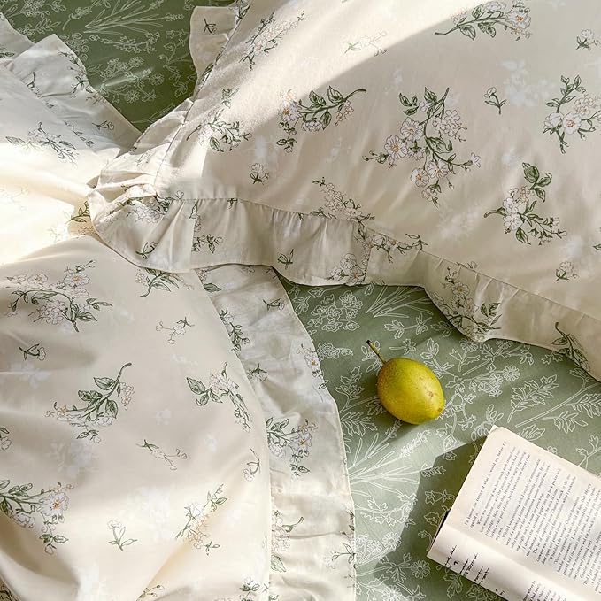 mixinni Reversible Green Floral Duvet Cover Set Queen Size - 100% Cotton Botanical Bedding Set with Ruffle Lace, 3PCs Beige Soft Aesthetic Cottagecore Style Duvet Cover for Girls