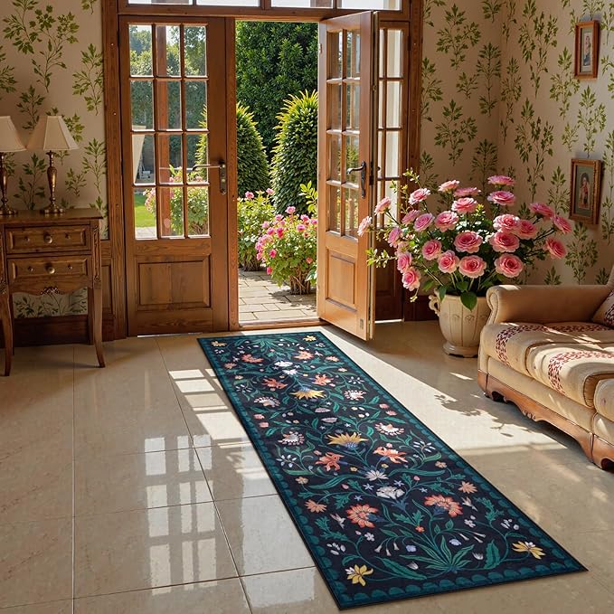 Lahome Boho Floral 2x6 Washable Kitchen Hallway Runner Rug Non Slip, Dark Blue Bathroom Carpet Runner, Soft Non-Skid Runners for Entryway Laundry(Dark Blue,2x6)