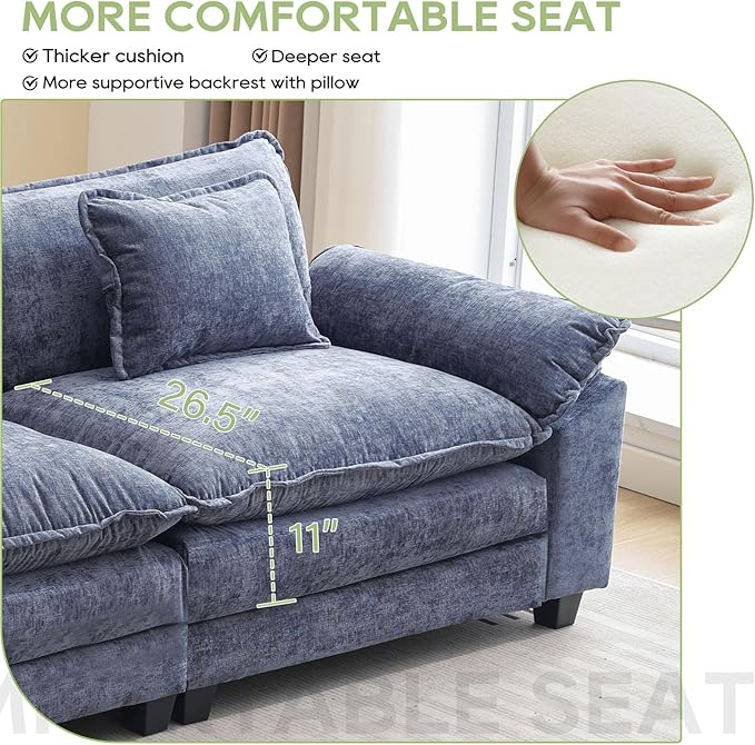Modular Sectional Sofa, Comfy Cloud Couch Sectional Sofa, Chenille Sofa Sleeper Deep Seat Sofa with Throw Pillows for Living Room (Blue, 53"- Single Seat)