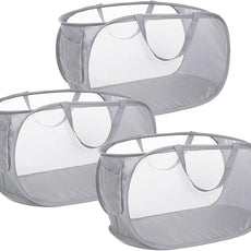 3 Pack Collapsible Laundry Baskets, Foldable Laundry Basket with Pocket, Mesh Pop Up Hampers, Reinforced Handles Dirty Clothes Hamper for Laundry, Bedroom, Bathroom, Dorm, Travel or Camping Grey