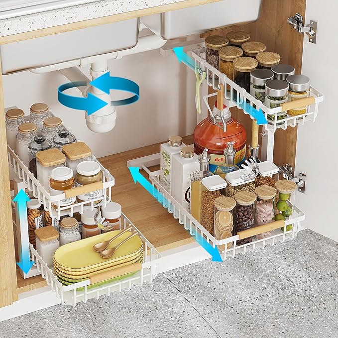 Under Sink Organizer, 2 Tier Slide Out Under Sink Organizers and Storage, Height Adjustable Pull out under cabinet storage, Metal Bathroom Kitchen Sink Organizer，2 Pack