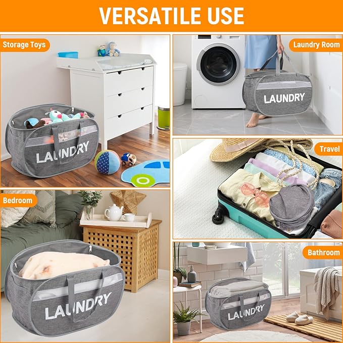 Collapsible Laundry Baskets with Lid, Foldable Clothes Hamper with Reinforced Handles, Sturdy Pop Up Hampers for Laundry, Tear Proof & Easy to Carry Laundry Hamper for Home, Dorm, Travel Grey