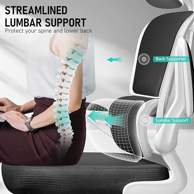 High Back Ergonomic Office Chair, Breathable Mesh Desk Chair with Lumbar Support, Adjustable Headrest, Flip-up Armrests, Computer Gaming Chair