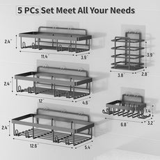 5 Pack Shower Caddy Organizer Rack Shelf for Inside Shower, Self Adhesive Bathroom Wall Storage Basket Rustproof Stainless Steel Large Capacity Shampoo Holder, Dark Grey