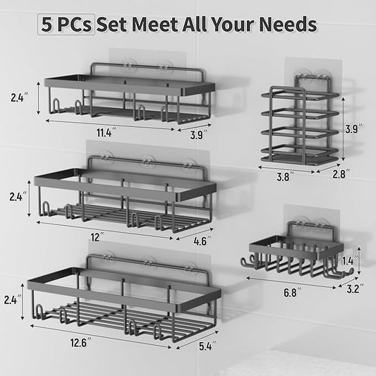 5 Pack Shower Caddy Organizer Rack Shelf for Inside Shower, Self Adhesive Bathroom Wall Storage Basket Rustproof Stainless Steel Large Capacity Shampoo Holder, Dark Grey