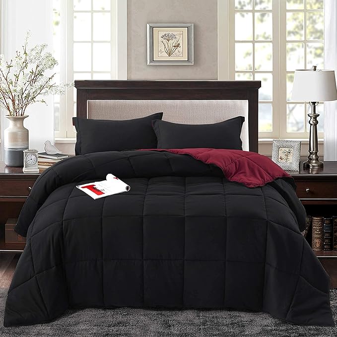 HIG 3pc Down Alternative Comforter Set - All Season Reversible Comforter with Sham - Quilted Duvet Insert with Corner Tabs - Box Stitched - Super Soft, Fluffy (Twin/Twin XL, Black)
