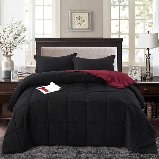 HIG 3pc Down Alternative Comforter Set - All Season Reversible Comforter with Sham - Quilted Duvet Insert with Corner Tabs - Box Stitched - Super Soft, Fluffy (Twin/Twin XL, Black)