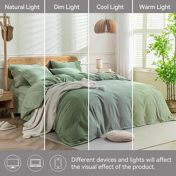 JELLYMONI Cotton Duvet Cover Full Size - Light Green Comforter Cover with Button 100% Washed Cotton 3PCS Breathable Soft Solid Bedding Set Duvet Cover 80×90in & 2 Pillowcases (NO Comforter)