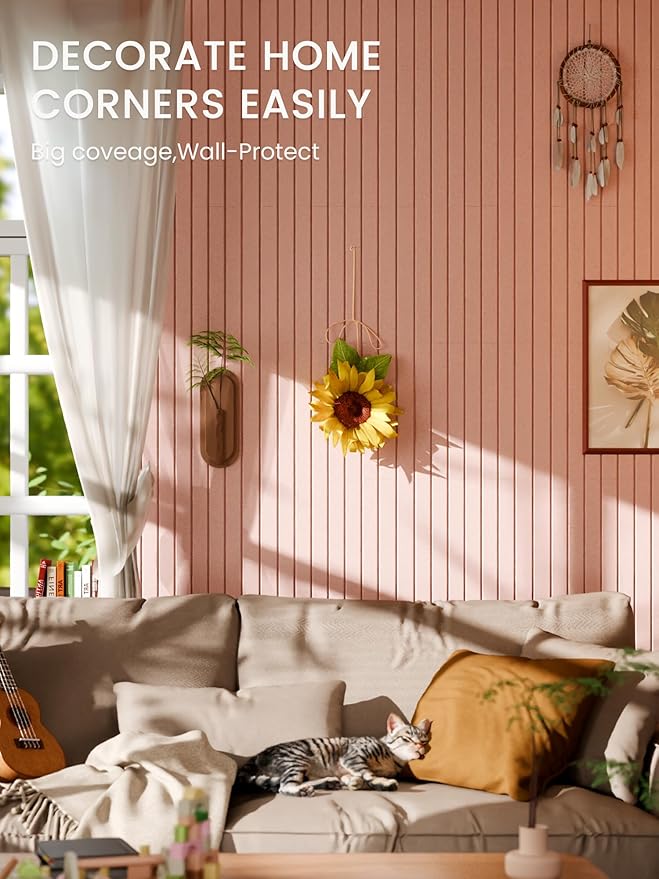 Bumusty Large Cork Board Alternative-47 x35 Felt Bulletin Board Tiles, with 30 Pushpins, 70 Adhesive Tabs, 12-Pack Slat Wall Paneling, Cork Boards for Office Push Pin Board Felt Board-Pink