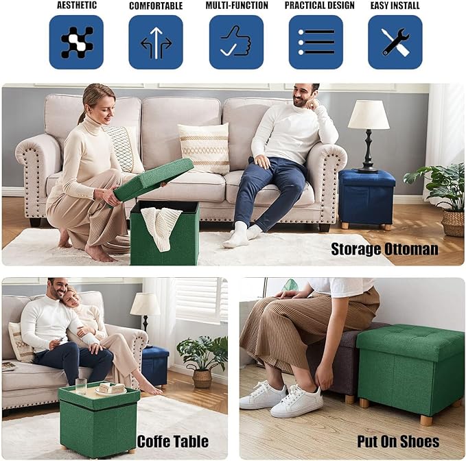 BRIAN & DANY 15 Inches Ottoman with Storage, Square Small Storage Ottoman Foot Rest with Legs, Ottomans Foot Stool for Dorm, Living Room, Entryway (Dark Green)