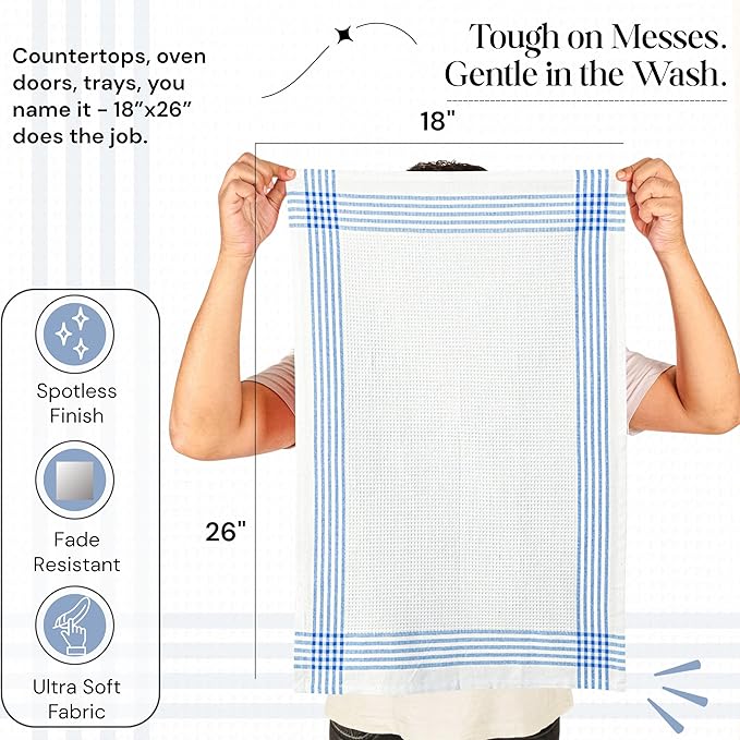 Sky Blue and White Cotton Kitchen Towels 12 Pack, 16x26 Inch, Waffle Weave, Quick Dry, Absorbent, Durable Dish Towels for Drying, Cleaning, Cooking, Daily Kitchen Use