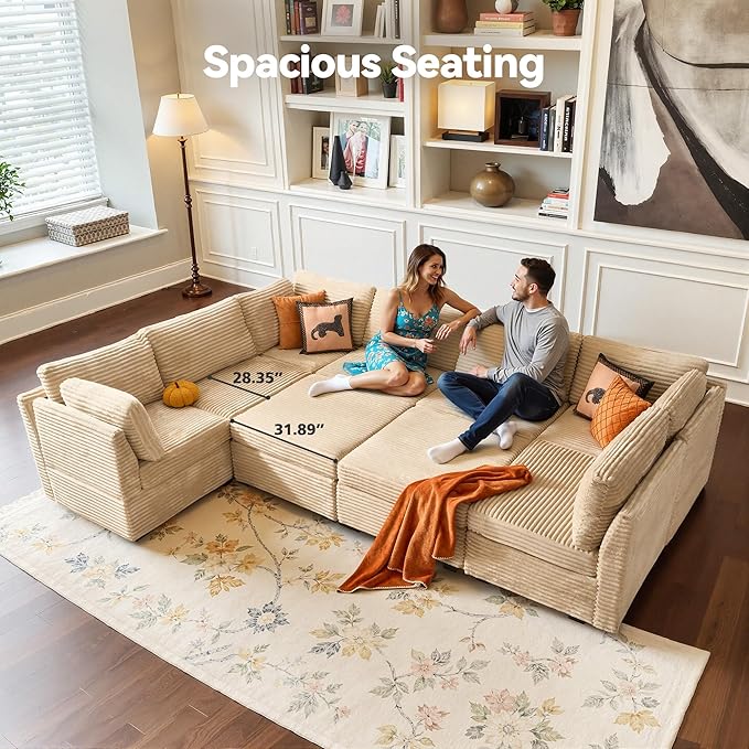 Large 9 Seat Modular Sectional Sofa with Ottoman Seat Corduroy Sleeper Sectional Sofa Bed Oversized Convertible Modular Couch for Living Room