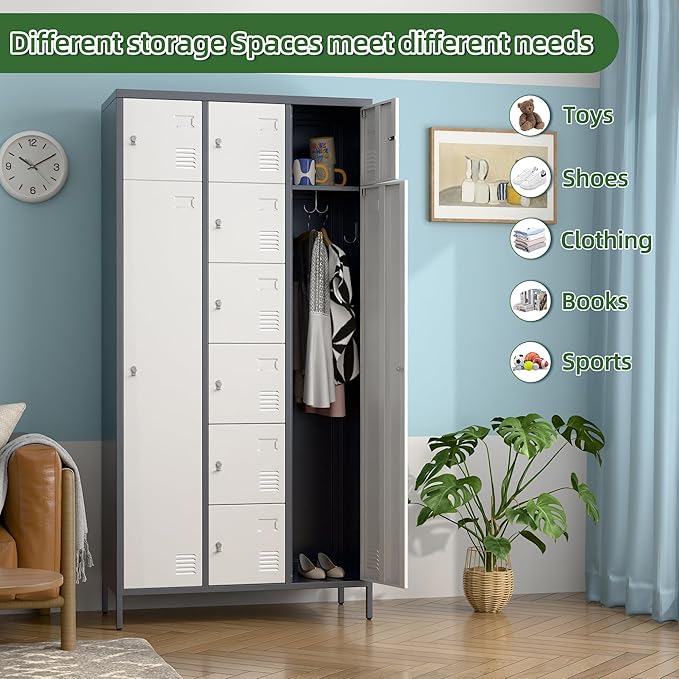 Aobabo Metal Lockable Storage Locker 8 Small Doors and 2 Big Doors, Metal Lockers for empolyees with Hooks, for School Home Office, Assembly Required, 10Doors, Grey White