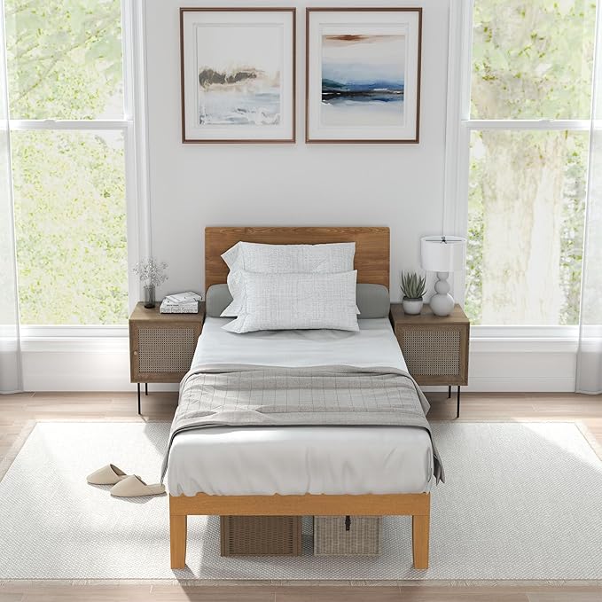 Sweetcrispy Solid Wood Bed Frame, Twin Size Bed Base with Wood Slat Support, Sturdy, Stylish & Noise-Free Design, No Box Spring Needed, Easy Assembly, 12 in Natural Pine