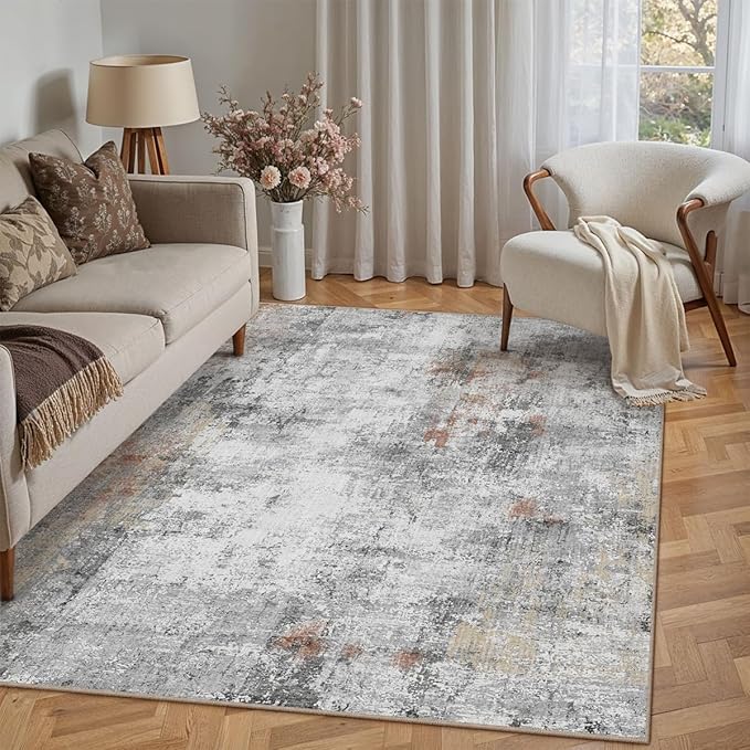 5x7 Washable Area Rug Grey Rust Abstract Living Room Bedroom Carpet Neutral Modern Non-Slip Soft Low Pile Lightweight Vacuumable Throw Rug for Dining Room Entryway