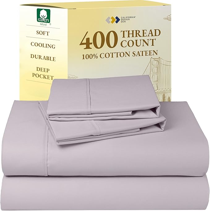 California Design Den Full Size Bed Sheets Set - Soft 400 Thread Count Sateen, Natural 100% Cotton Sheets with Deep Pockets, Breathable, and Durable Bedding Set - Dusky Lavender Grey CaliforniaDesignDen