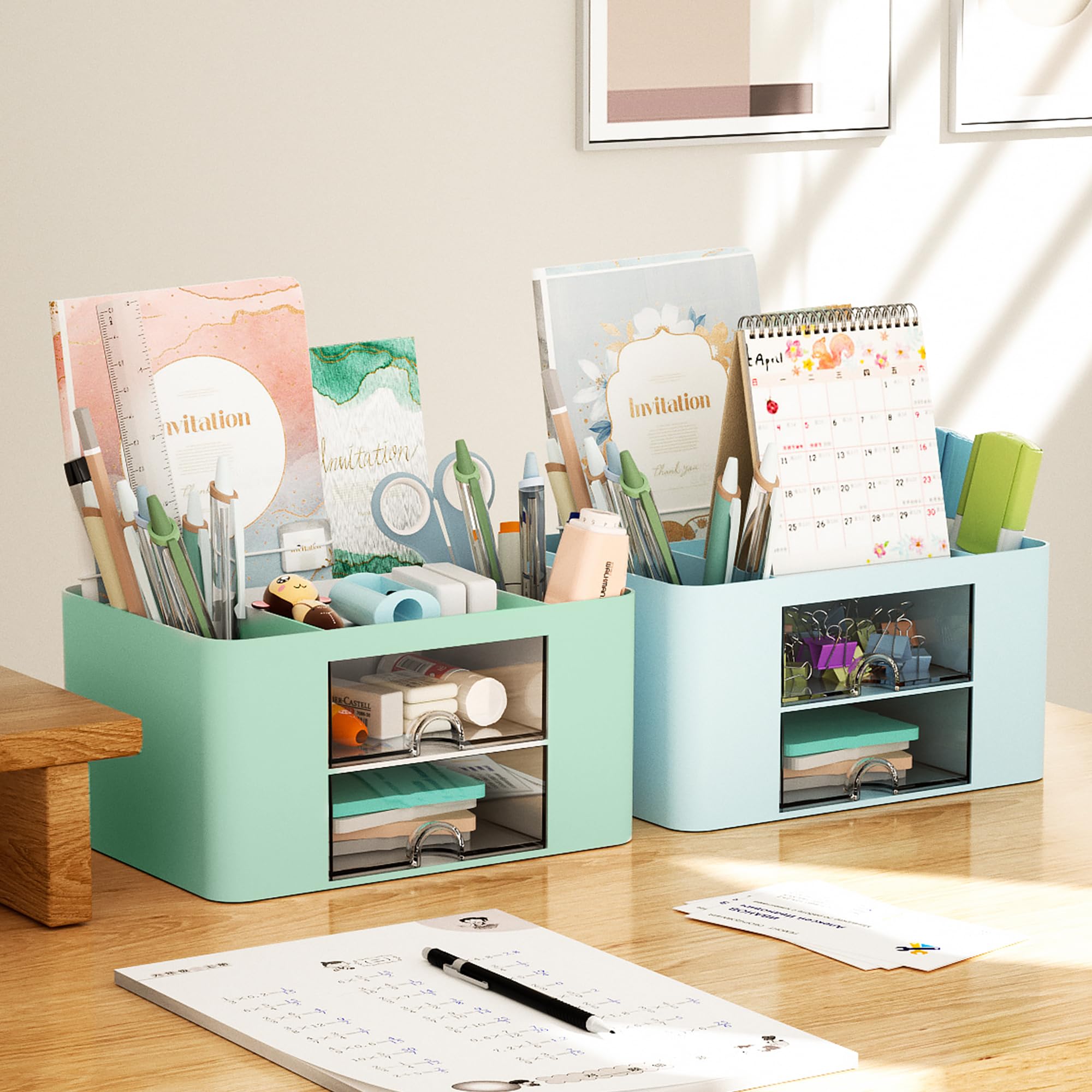 Marbrasse Pen Organizer with 2 Drawer, Multi-Functional Pencil Holder for Desk, Desk Organizers and Accessories with 5 Compartments + Drawer for Office Art Supplies (Blue) Dormly